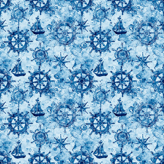 Ocean Blues by Morris Creative Group Ship Wheels Blue 30861B Cotton Woven Fabric