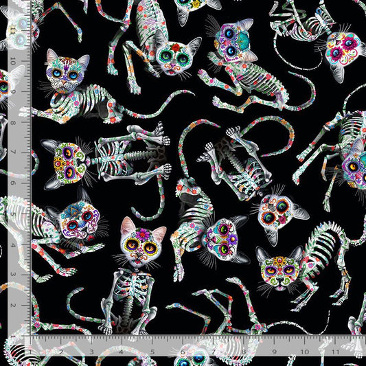 Day of the Dead Family Album Skeleton Cats Tossed CAT-CD3602-BLACK Cotton Woven Fabric