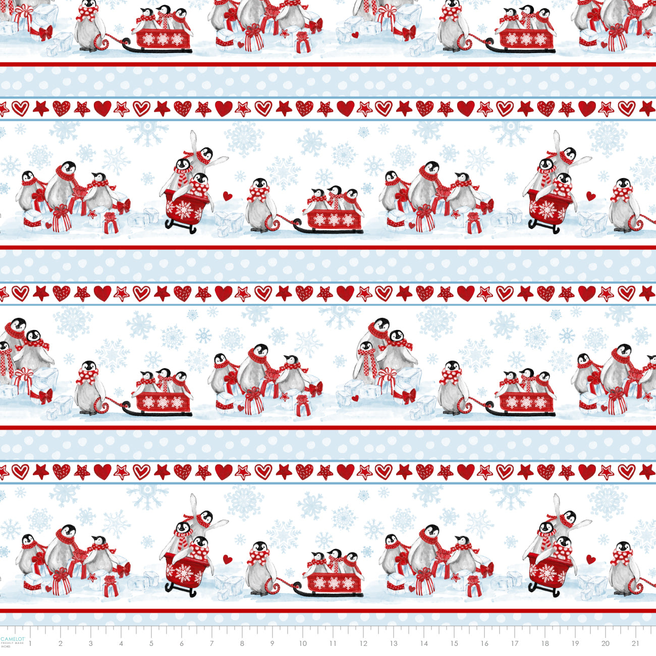 PREORDER ITEM - EXPECTED JUNE 2025: Penguin Party by Pam Vale Sled Ride Stripe White    49240401.01 Cotton Woven Fabric