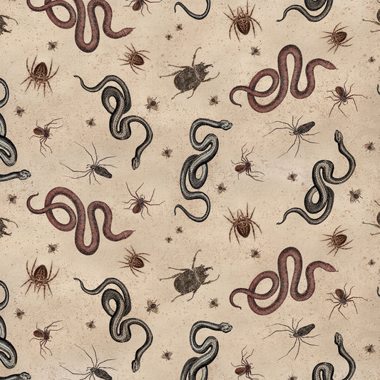 Gothic Halloween Digital by Dan DiPaolo Snakes & Bugs Khaki    Y4443-12 Cotton Woven Fabric