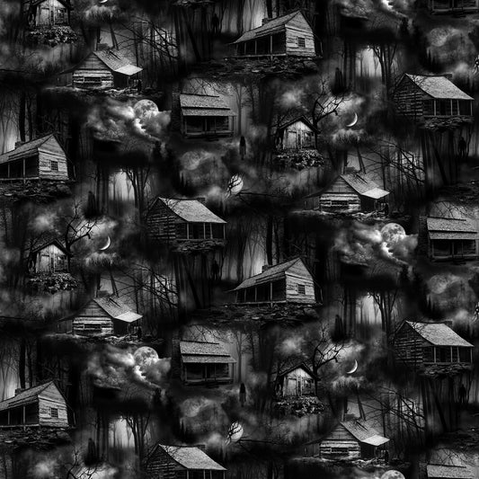 Wicked Spooky Cabins In The Wood Smoke    CD2761-SMOKE Cotton Woven Fabric