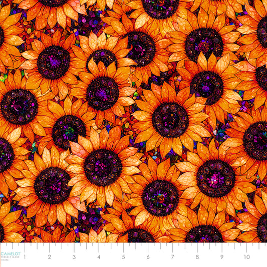 PREORDER ITEM - EXPECTED AUGUST 2025: Sonny in the Sunflowers by Peggy Collins Collection Stained Glass Sunflowers Orange    16240201.02 Cotton Woven Fabric