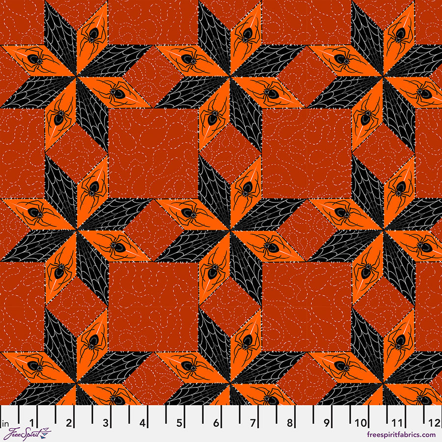 PREORDER ITEM - EXPECTED MAY 2025: Costumes & Cobwebs by Club Hauer Stars and Spiders Orange    PWRH117.ORANGE Cotton Woven Fabric