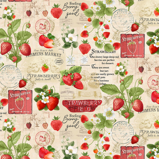 Berry Sweet Strawberries Market Chart Beige    CD3400-BEIGE Cotton Woven Fabric