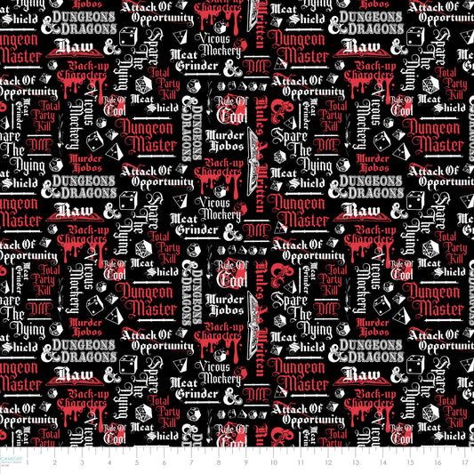 PREORDER ITEM - EXPECTED NOVEMBER 2025: Licensed Dungeons & Dragons III Table Top Tropes Black    95170140-01 Cotton Woven Fabric
