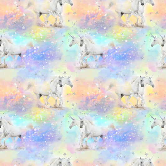 Unicorns Unicorns & Stars Metallic Glitter  CDM2946-PASTEL Cotton Woven Fabric