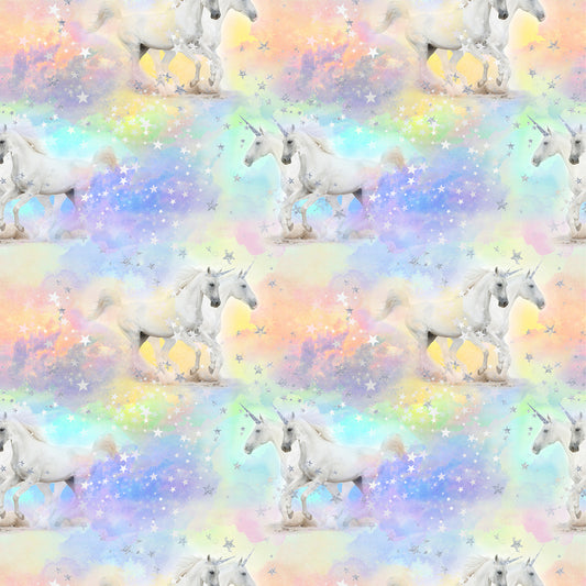 Unicorns Unicorns & Stars Metallic Glitter CDM2946-PASTEL Cotton Woven Fabric