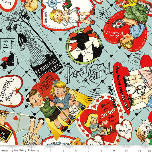 Take Heart by J. Wecker Frisch Valentine Card Toss Aqua CD15383-AQUA Cotton Woven Fabric