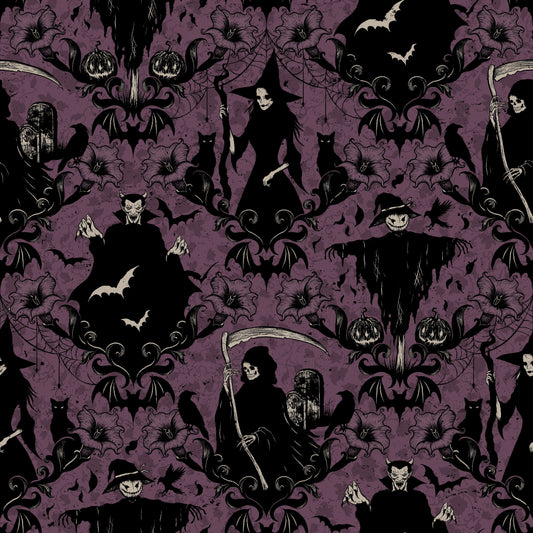 Preorder June 2026: Darkly Enchanted Plum Damask With Witch, Scarecrow, and Grim Reaper 4792-55 by Episodic Drawing