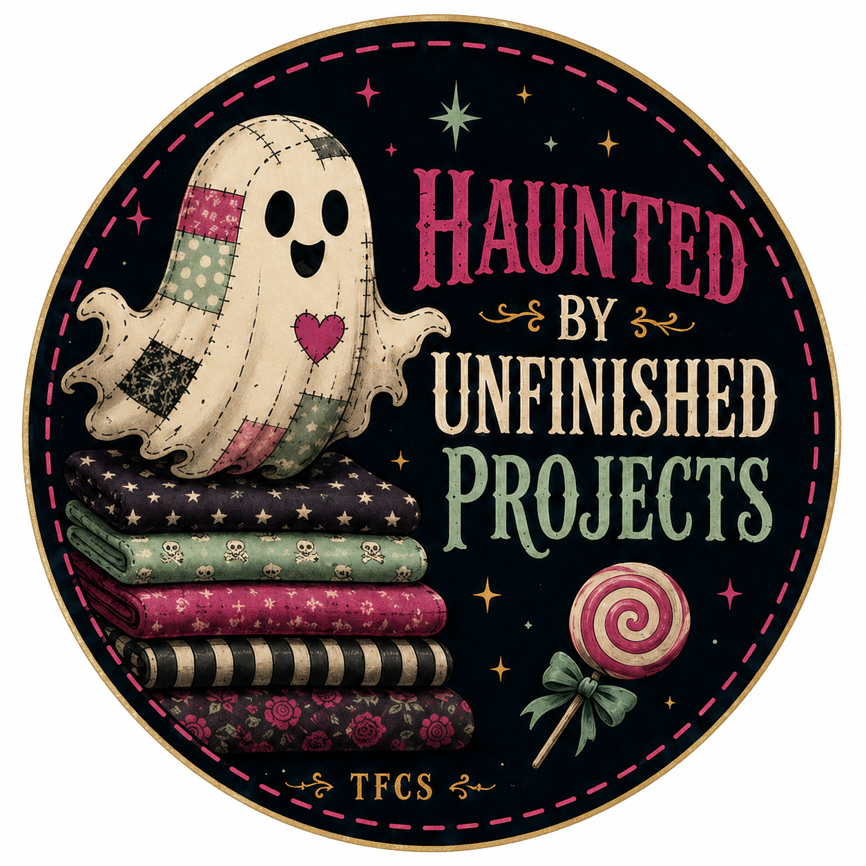 3 Inch Vinyl Gloss Sticker Haunted by Unfinished Projects Designed by The Fabric Candy Shoppe