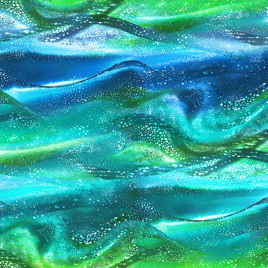 Pacifica Rainbow Waves Sold as a 25” Repeat Panel Cut Green and Blue D195G Cotton Woven Fabric