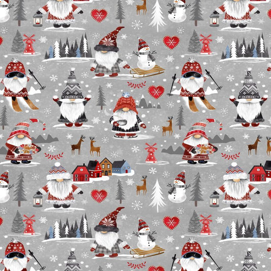 Nordic Gnomes by Gail Cadden Winter Town GAIL-CD2884-GREY Cotton Woven Fabric
