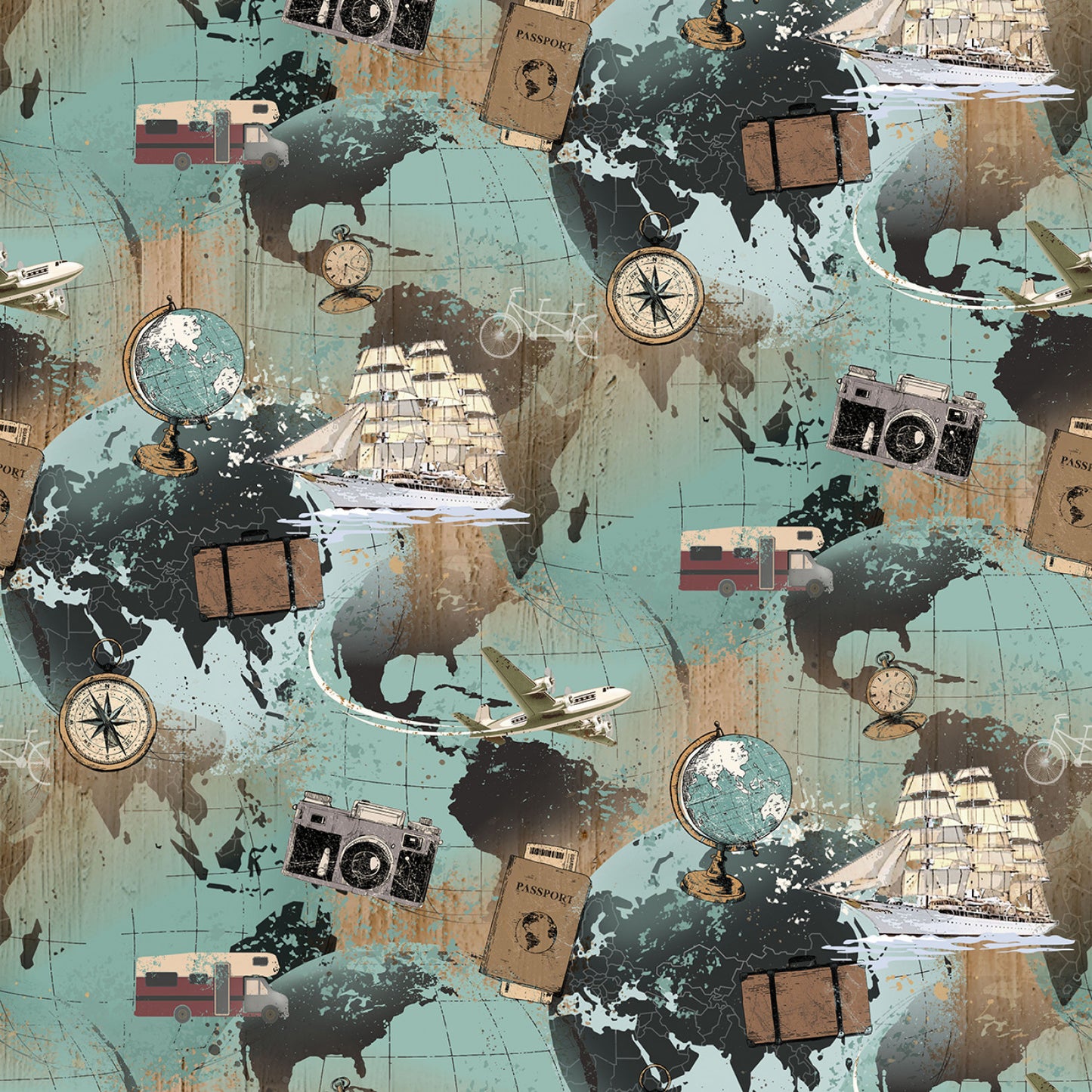 Explore Digitally Printed by Dan DiPaolo Collection World Map Lt Teal    Y4297-103 Cotton Woven Fabric