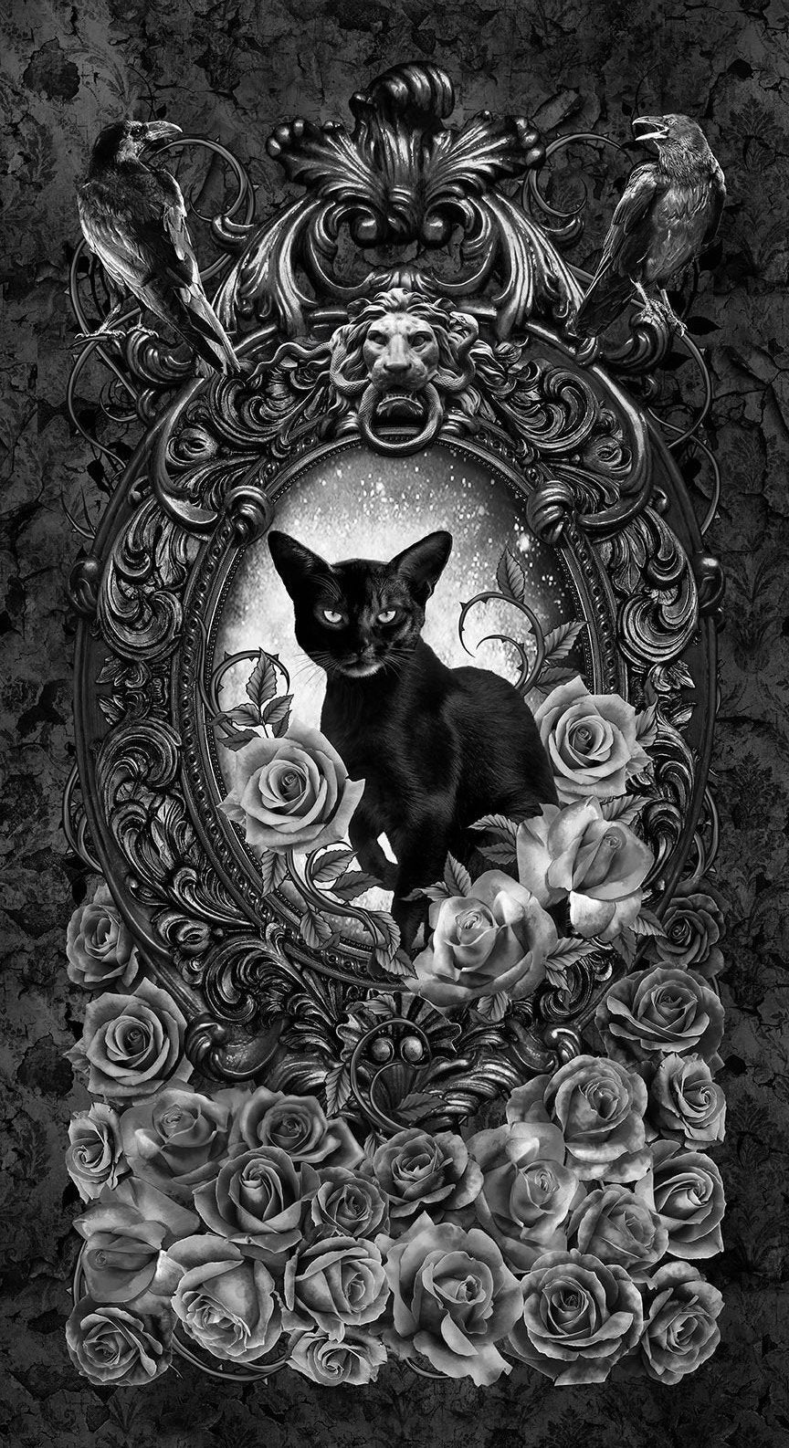 Wicked 24" Panel Black Cat Floral Portrait    CD2097-BLACK Cotton Woven Panel