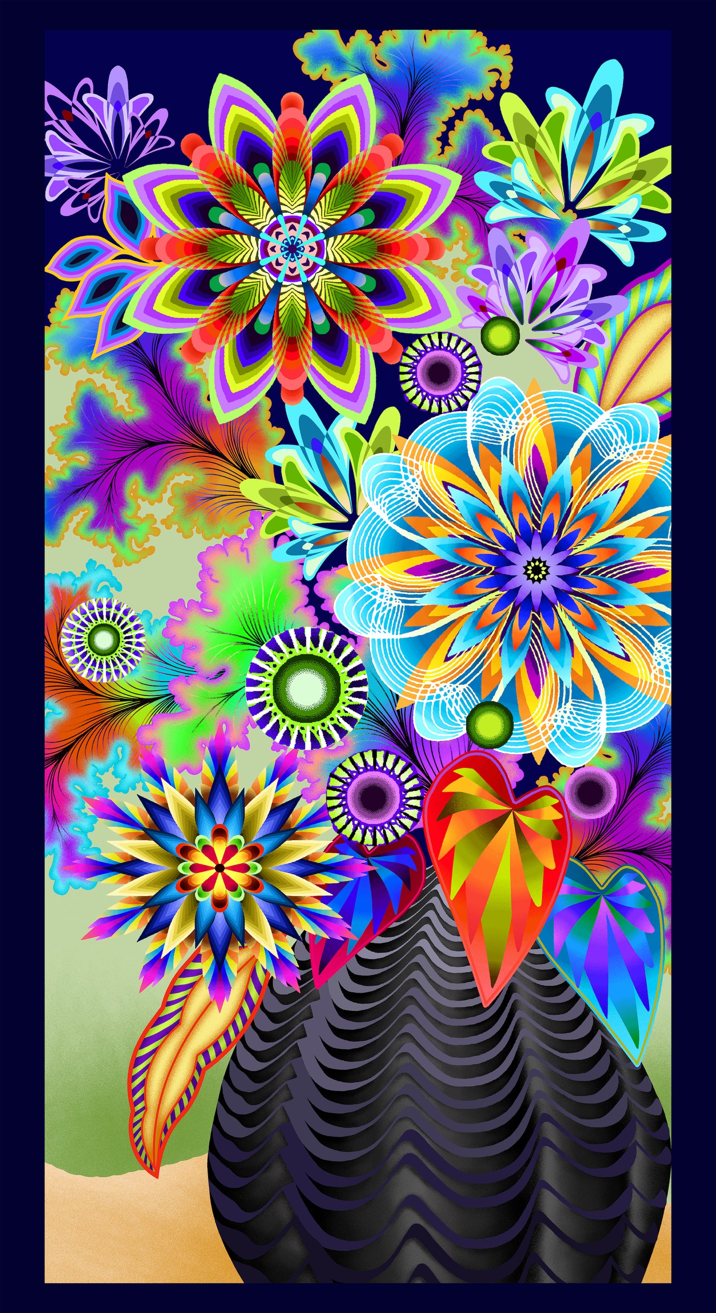 Fractal Flowers by Art Loft Digital 24" Panel Fractal Vase Indigo Multi   Panel  6639P-77 Cotton Woven Panel