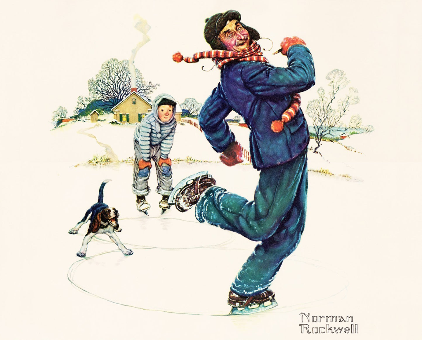 A Norman Rockwell Christmas Digitally Printed 35.5" Panel Ice Skating NR00112C1 Cotton Woven Panel