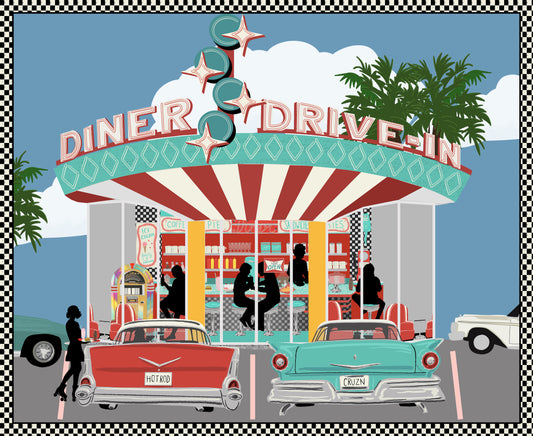 Diners & Drive-Ins By Jen Bucheli 36" Panel 50's Drive-In Diner Lt Blue 2431P-70 Cotton Woven Panel