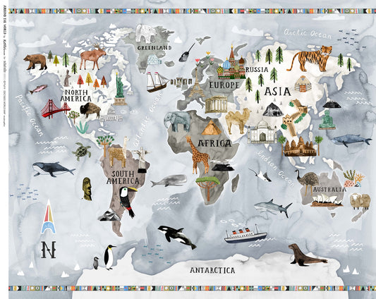 Around the World by Katie Vernon 36" Panel World Map    DDC10603-MULT Cotton Woven Panel