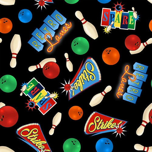Rock 'N Bowl by Urban Essence Designs Bowling Pins, Balls & Signs Black 2186-99 Cotton Woven Fabric