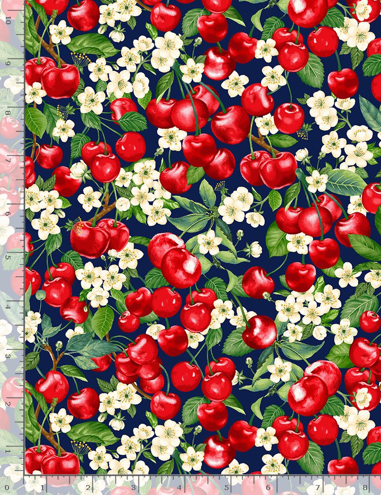 Cherry Pie  Packed Cherry and Flowers Navy  CD1544-Navy Cotton Woven Fabric