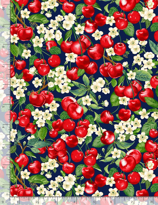 Cherry Pie Packed Cherry and Flowers Navy CD1544-Navy Cotton Woven Fabric