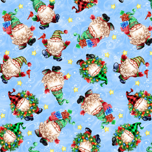 Christmas Gnomes by Dona Gelsinger Christmas Gnomes Blue DONACD1388Blue Cotton Woven Fabric