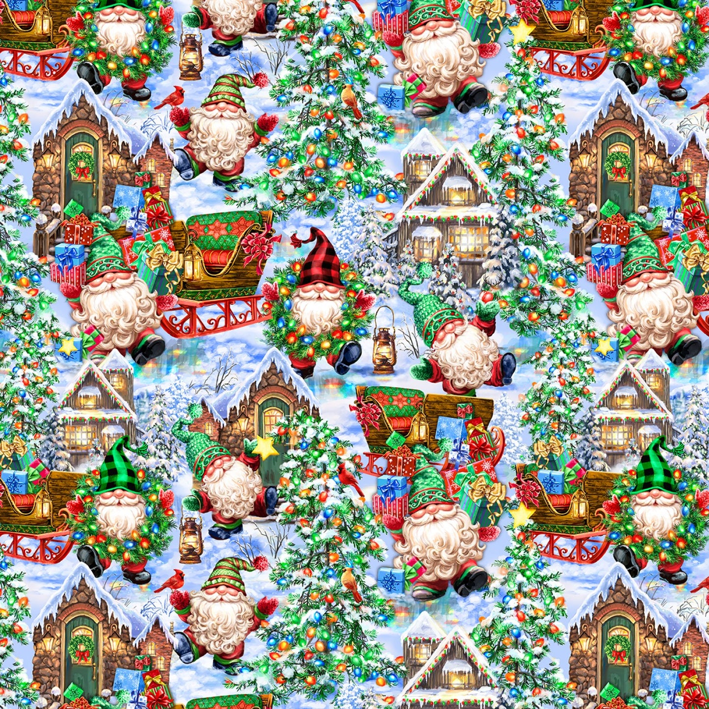 Christmas Gnomes by Dona Gelsinger Christmas Gnomes In Homes    DONACD1387MULTI Cotton Woven Fabric