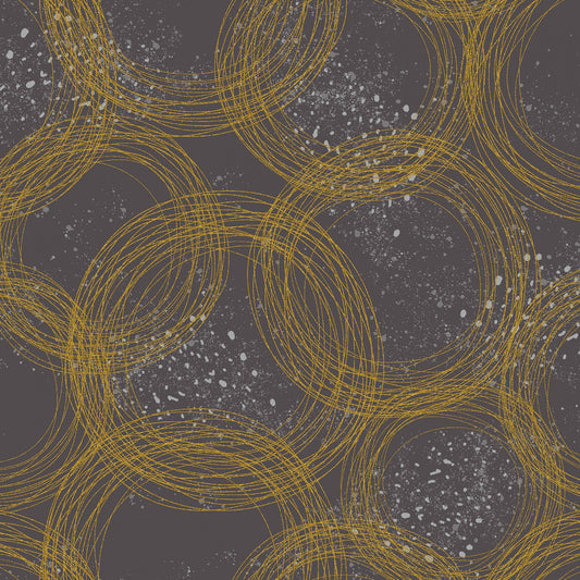 Tails from Under the Moon Circles Charcoal Gold w/Metallic RJ3904-CG2M Cotton Woven Fabric