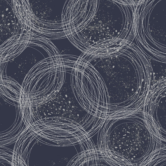 Tails from Under the Moon Circles Navy Silver w/Metallic RJ3904-NS1M Cotton Woven Fabric