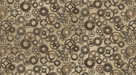 Heavy Metal Stonehenge by Linda Ludovico Cogs and Wheels Gold 23741M-32-Gold Cotton Woven Fabric