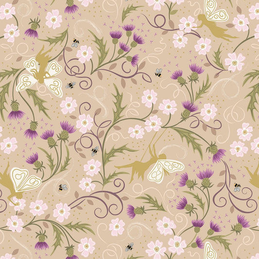 Celtic Faeries Fairies on Dark Cream w/Gold Metallic A731.1 Cotton Woven Fabric