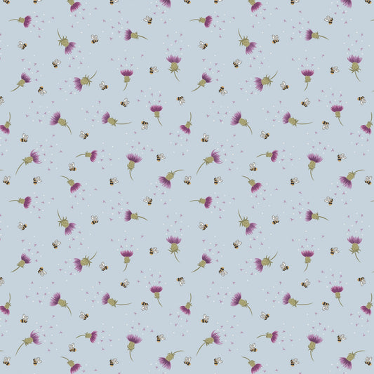 Celtic Faeries Heather and Bee on Lt Blue w/Silver Metallic A734.3 Cotton Woven Fabric