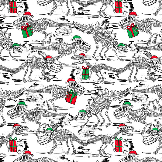 Tree-Rex  Holiday Skeleton Dinos White    HOLIDAYCD1385WHITE Cotton Woven Fabric