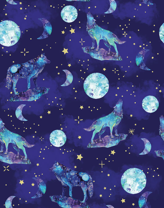 Arctic Wonder by Arrolynn Weiderhold Howling At The Moon w/Gold Metallic    19435-NVY-CTN-D Cotton Woven Fabric