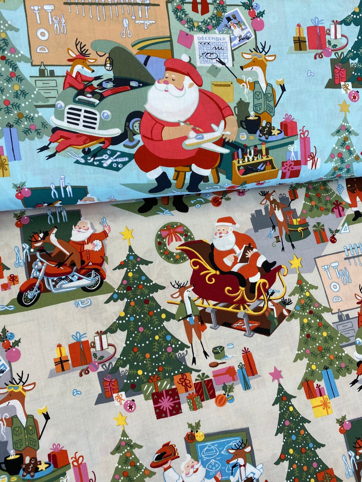 Christmas Time Santa's Garage Stone 8954a Cotton Woven Fabric