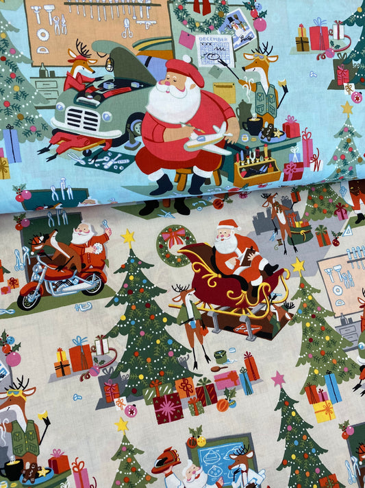 Christmas Time  Santa's Garage Stone  8954a   Cotton Woven Fabric