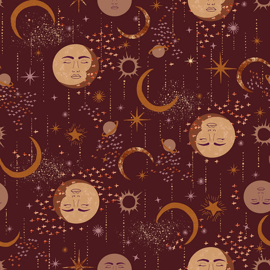 Tails from Under the Moon Moon Magic Mystic Maroon w/Metallic RJ3900-MM3M Cotton Woven Fabric