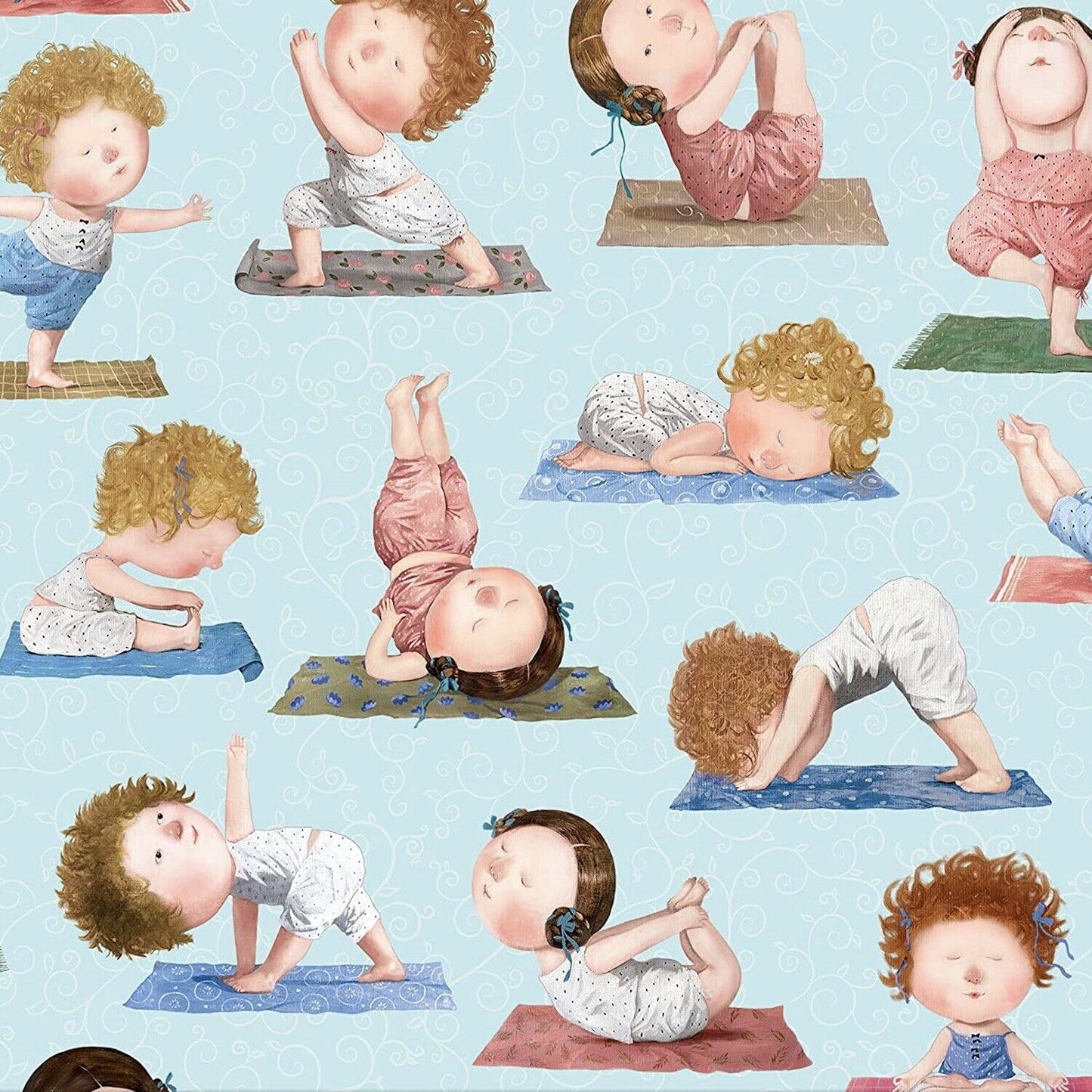 On a Path To Harmony Baby Yoga Poses Blue Cotton Woven Fabric