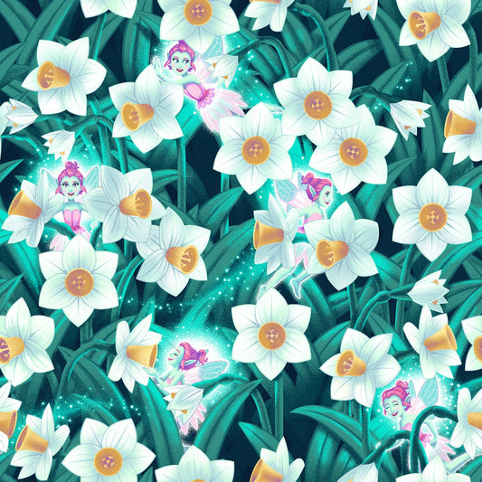 Pixies & Petals Glows in the Dark by Salt Meadows Studio Pixies and Daffodils Green/White 188G-66 Cotton Woven Fabric