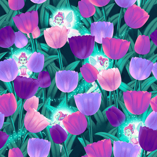Pixies & Petals Glows in the Dark by Salt Meadows Studio Pixies and Tulips Green/Purple 193G-65 Cotton Woven Fabric