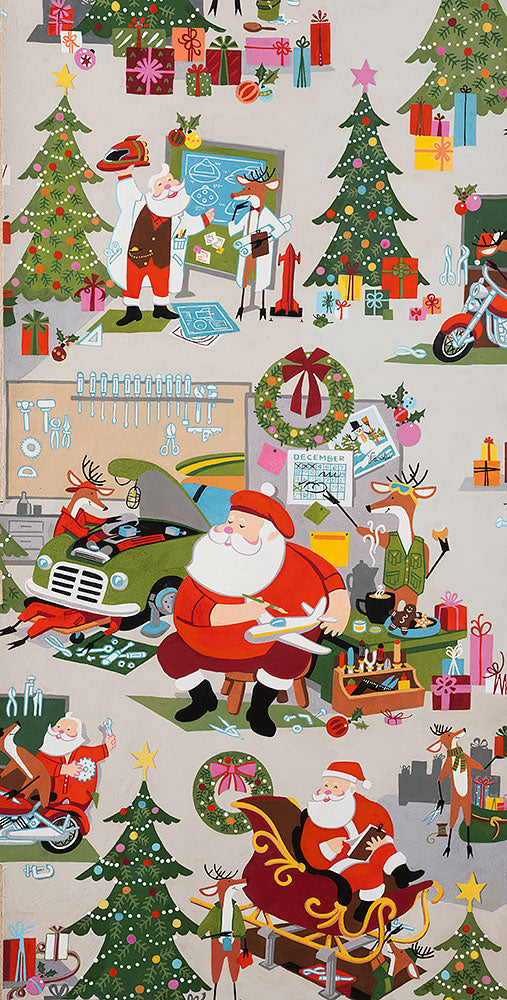 Christmas Time  Santa's Garage Stone  8954a   Cotton Woven Fabric