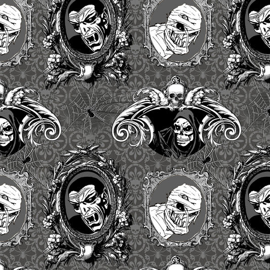 Wicked Creep It Real Scary Wicked Portraits Grey CD1448-GREY Cotton Woven Fabric