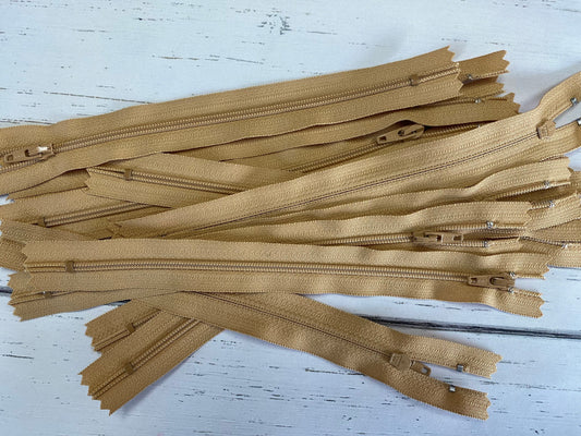 9" Tan nylon coil non-separating, closed-end zipper