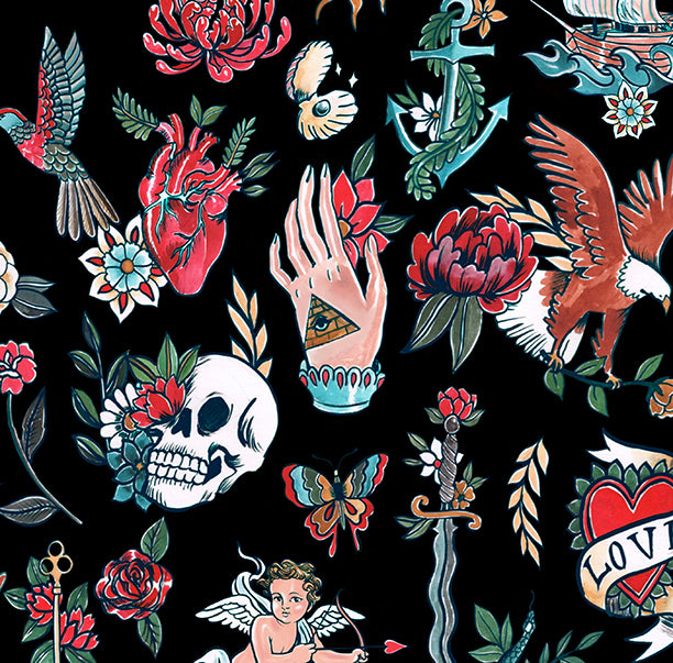 Nicole's Prints  Tell-tale Tattoo Black  8991b   Cotton Woven Fabric