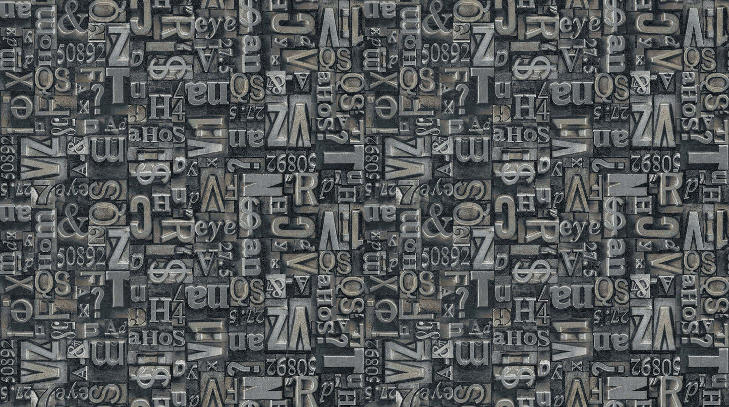Heavy Metal Stonehenge by Linda Ludovico Type Set Pewter   23740M-95-Pewter Cotton Woven Fabric