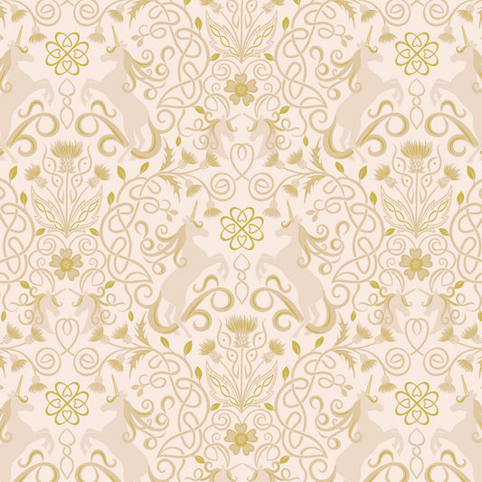Celtic Faeries Unicorn on Cream w/Gold Metallic A733.1 Cotton Woven Fabric