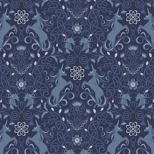 Celtic Faeries Unicorns on Dark w/Silver Metallic A733.2 Cotton Woven Fabric