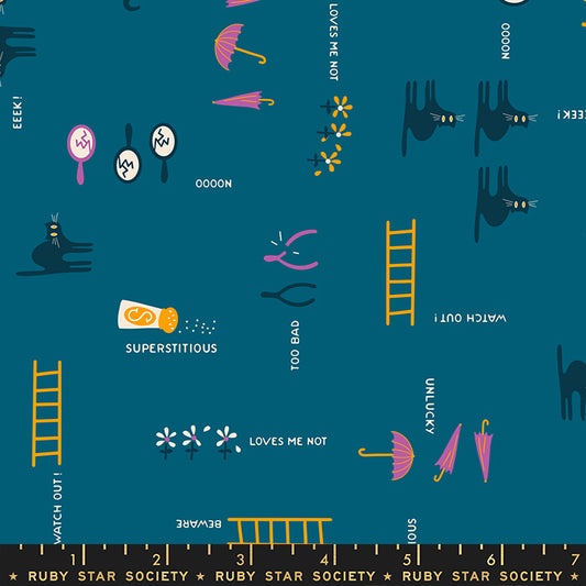 Spooky Darlings by Ruby Star Society Unlucky Cat Teal    RS5073-13 Cotton Woven Fabric