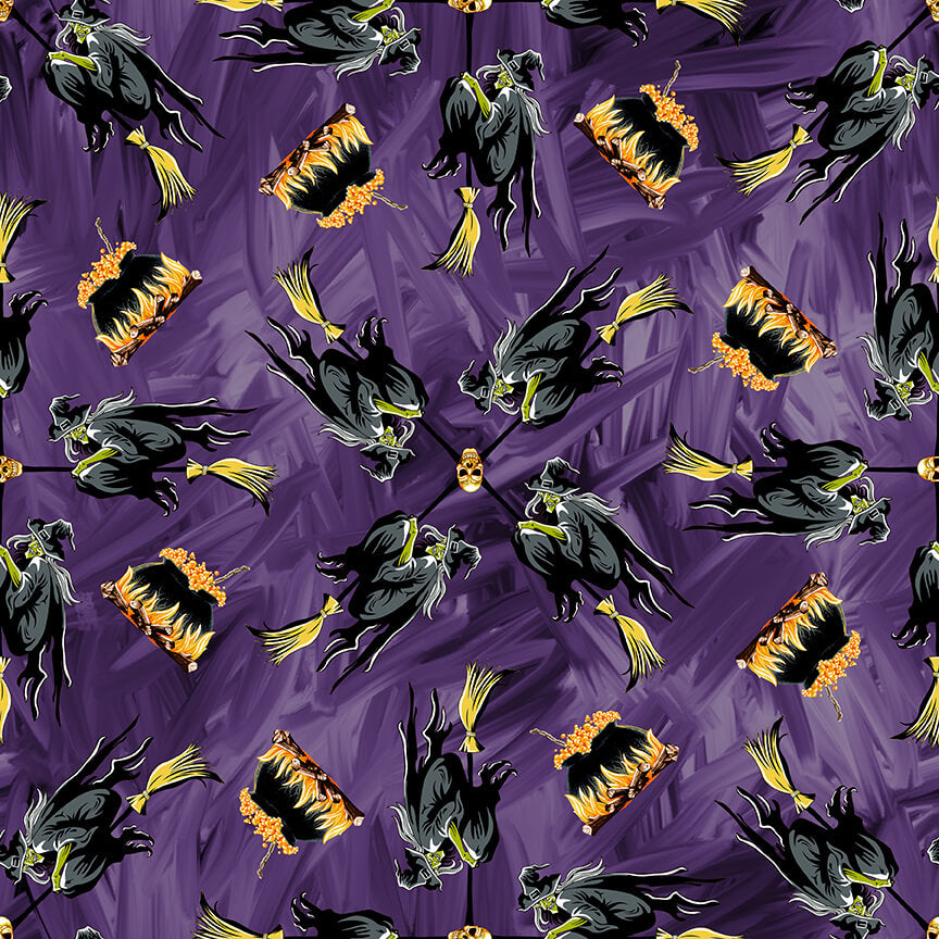 Halloween Countdown by Urban Essence Designs Witches on Brooms Purple Glow in the Dark     2259G-55 Cotton Woven Fabric