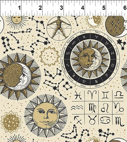 The Sun, the Moon, and the Stars! by Jason Yenter Astrology Cream     6SMS-1 Cotton Woven Fabric